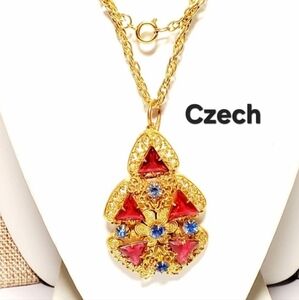 Vtg Czech Blue and Red Glass and Filigree Brass Necklace